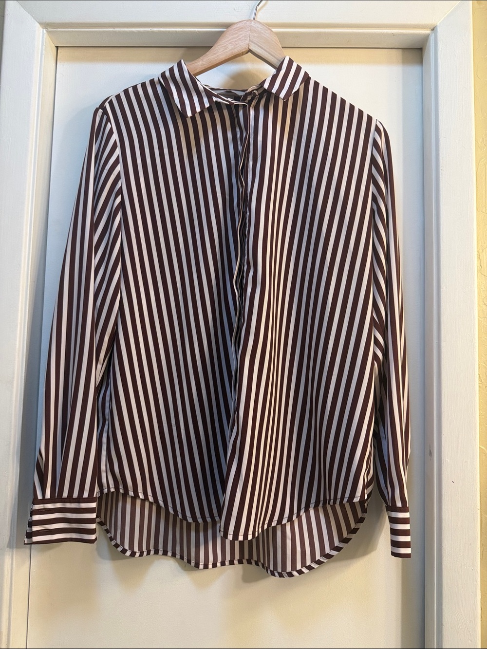 Striped Brown and White Button-Up Blouse